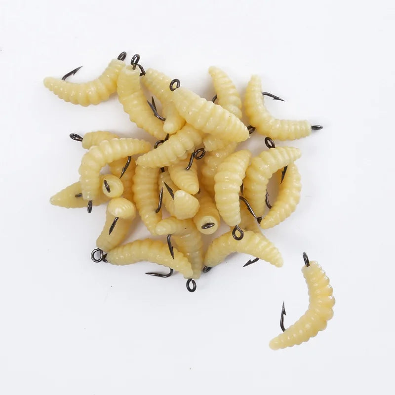 Rubber Maggot Grub Baits with Hooks – 6–100 Pack